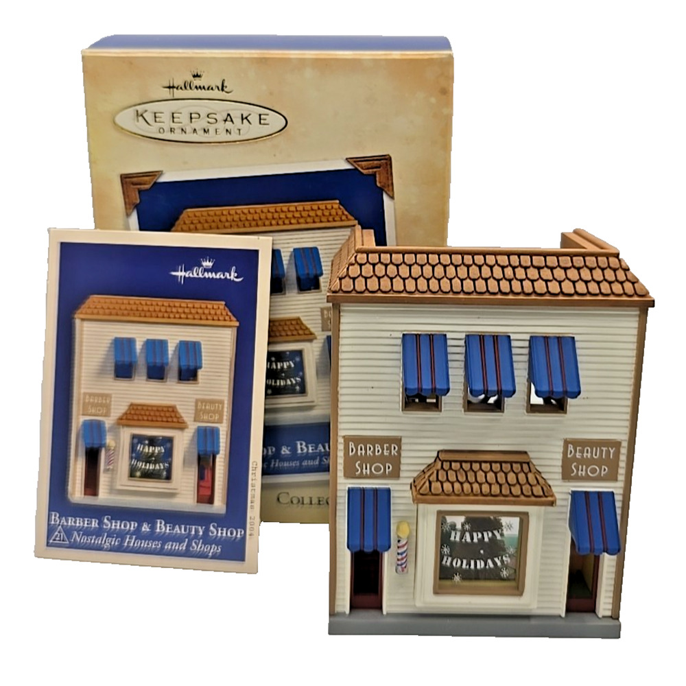 2004 Hallmark Keepsake #21 Barber Shop & Beauty Shop Nostalgic Houses Shops U328